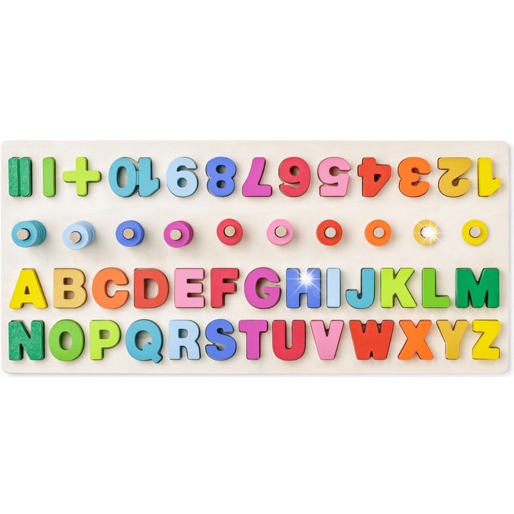 WoodyLand oktatótábla, betűk és számok, 104 darab, többszínű