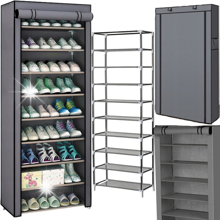 Cipőtartó szekrény, 9 polcos, 2 zsebes, szövet, 160x60x30cm