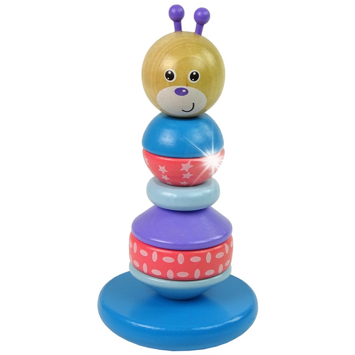 Piramida educationala din lemn LEAN Toys, set 6 blocuri rotunde, culori vii, 10x10x21cm