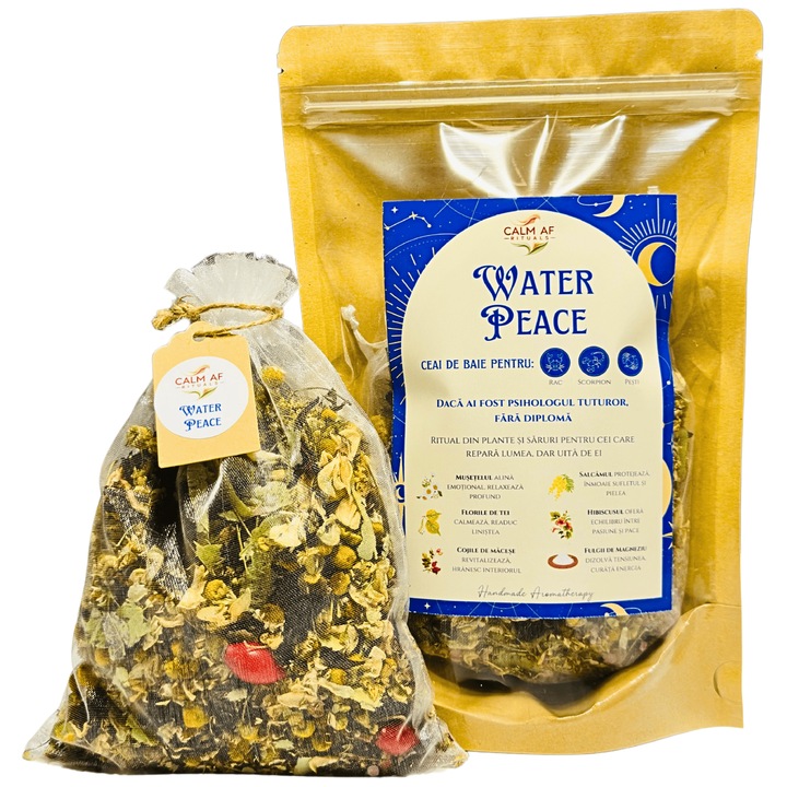 Ceai de Baie "Water Peace" pentru Zodii de Apa (Rac, Scorpion, Pesti) - Mix de Plante, Uleiuri Esentiale, Fulgi de Magneziu - Relaxare, Rituals, Cadou Zodii - Handmade, 100g