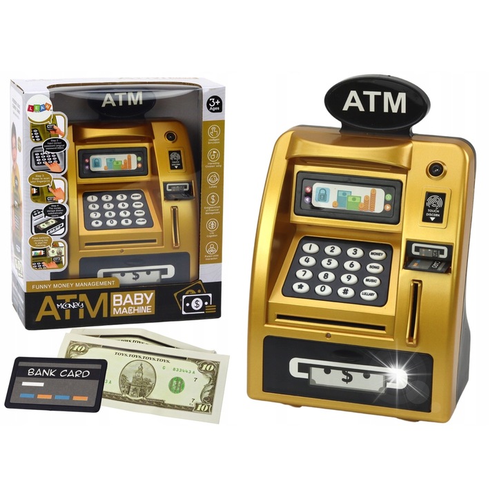 Gyermek bankautomata, takarékosság tanulása, arany-fekete, 24,5x15,5x9cm, hitelkártyával