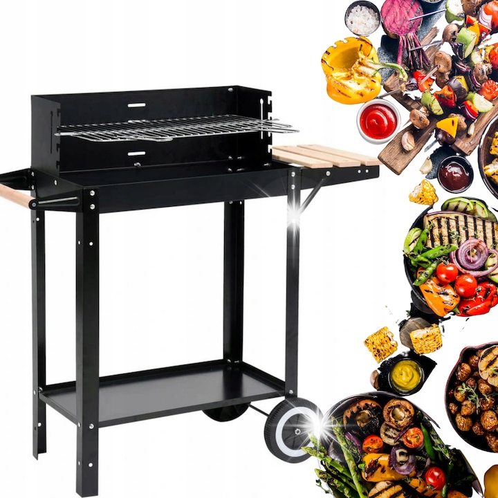 Градинско барбекю, 48,5x26см, с метална стойка и дървен рафт, черно, 86x28x82см