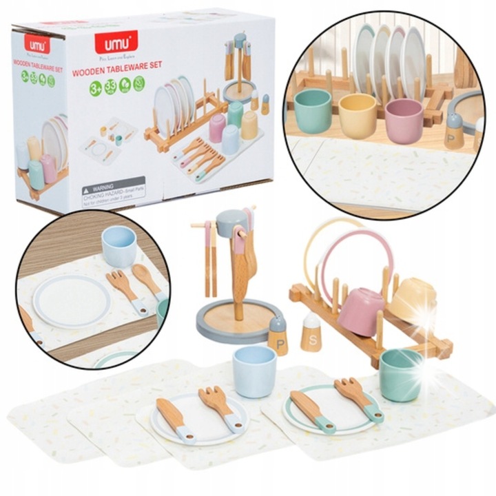 Fából készült edénykészlet gyerekeknek, 33 darabos, LeanToys, pasztell színek, 26x16,5x8,5cm