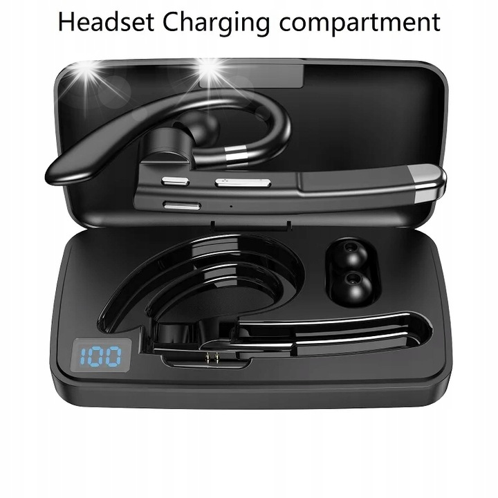 Vezeték nélküli, Bluetooth fülhallgató, powerbank tokkal, fekete, 9x4,5x1,5cm