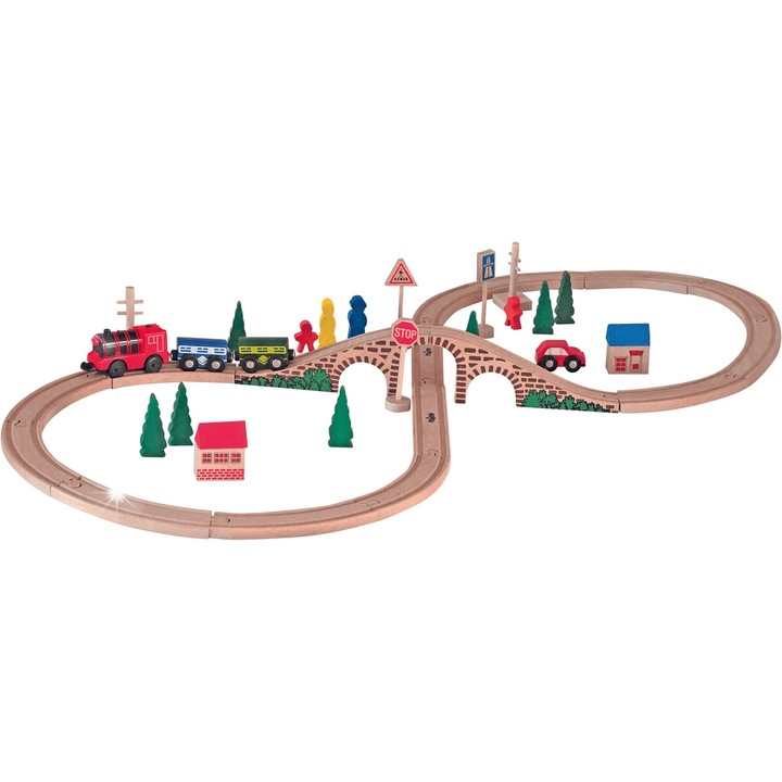 Woody játéktren készlet, elemes mozdony, 2 vagon, 12 kanyar, 4 figura, többszínű