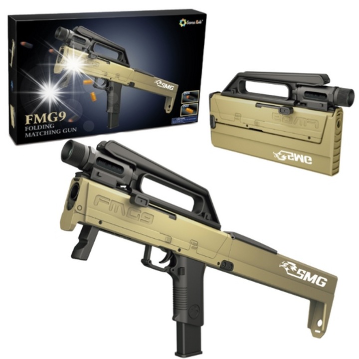 Детска карабина FMG9, Lean Toys, с 20 дунапренени стрели, фенерче, сгъваем модел, 68x26см