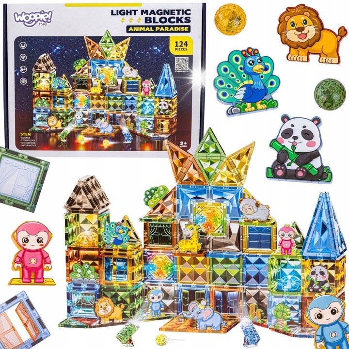 3D építőkészlet világító mágneses blokkokkal, Woopie, 124 elemes, állatok, 34x7,5x27cm