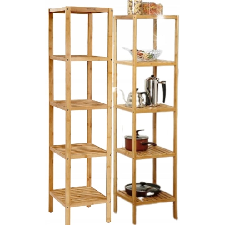 Univerzális bambusz polc 5 polccal, természetes színű, 127,5x35x25cm, szerelőkészlettel