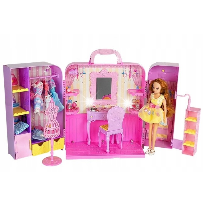 Gardrób fénnyel és tükörrel, LEAN Toys, 26 cm-es baba, kiegészítő szett, rózsaszín, 63x15x31cm