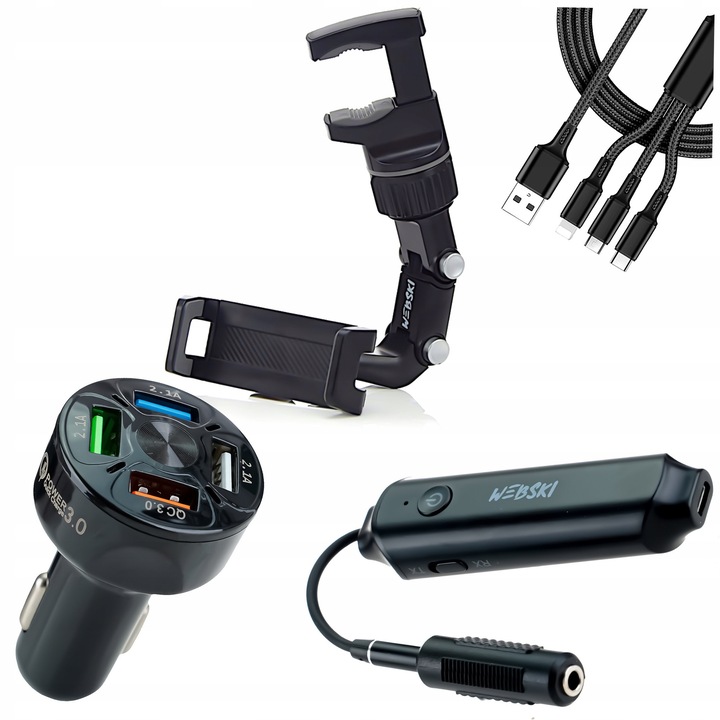 Комплект поставка за телефон за кола, Webski, зарядно за кола Quick Charge 3.0 с 4 USB порта, Bluetooth 5.0 трансмитер, многоцветен, 90x230 мм