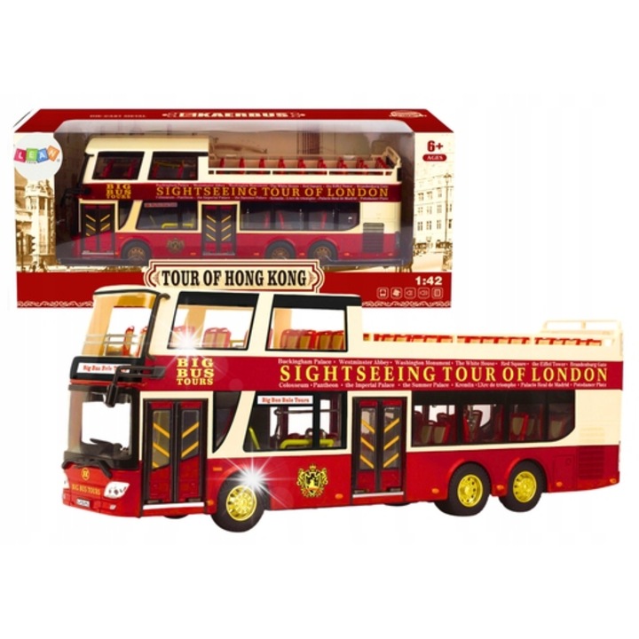 Метален туристически автобус 1:42, LEAN Toys, червено-бежов, със светлини, без покрив