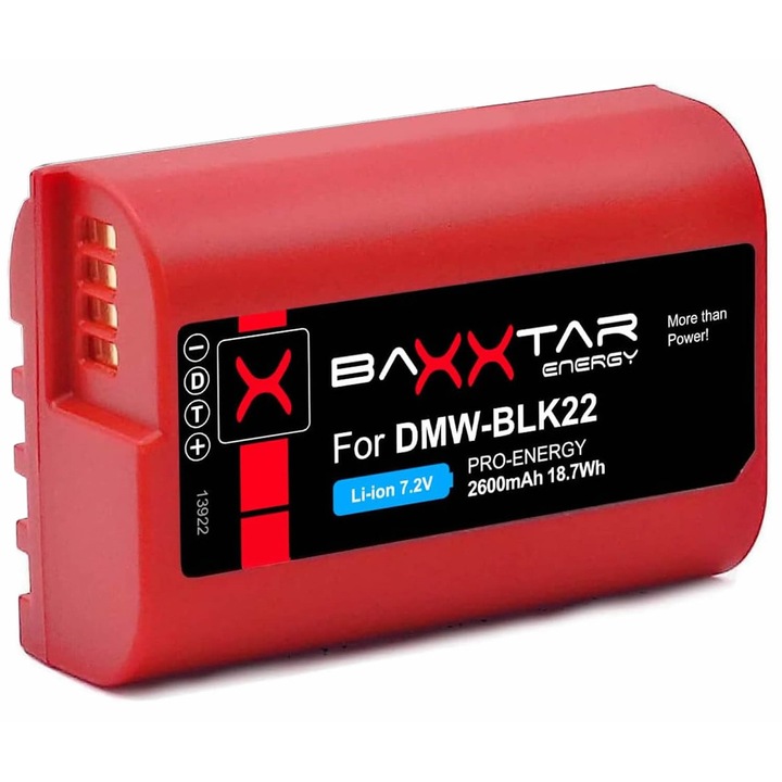 Acumulator Baxxtar Pro DMW-BLK22 2600 mAh pt Panasonic Lumix DC-S5 S5 S5II S5K G9 GH5 GH5II GH5S GH6 GH7 DC-GH5 DC-GH6 DC-GH7 DC-S5II DC-G9II cu NTC Active sensor