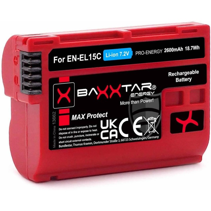 Baxxtar MaxProtect EN-EL15C akkumulátor, 2600 mAh Nikon Z5 Z6 Z7 II Z8 D500 D600 D610 D750 D780 D800 D810 D850 D7000 D7100 D7200 D7500 NTC Aktív érzékelővel