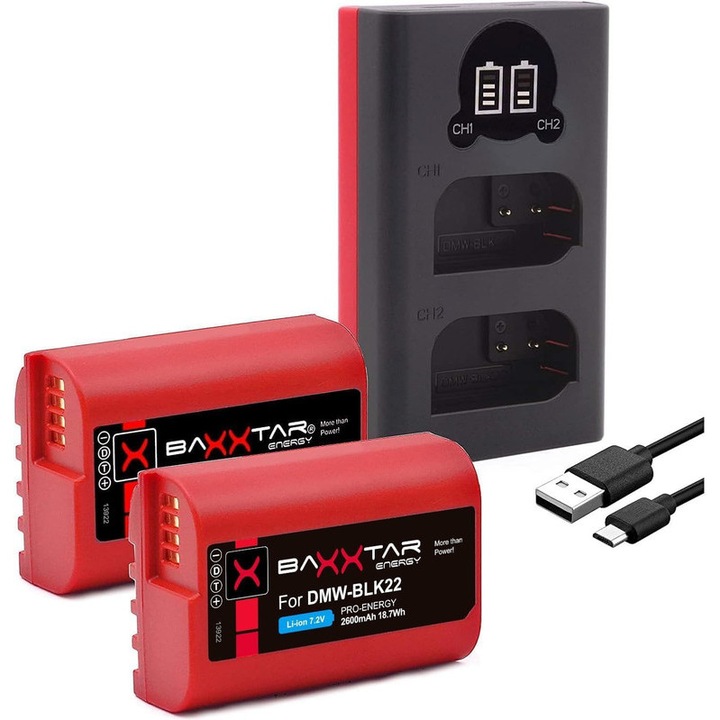 Pachet 2x Acumulator Baxxtar Pro DMW-BLK22 2600 mAh cu NTC Active sensor si Incarcator Baxxtar Dual LCD USB pentru Panasonic Lumix