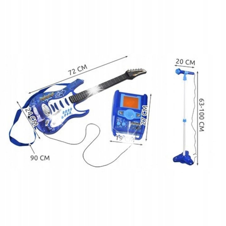 Gyermek hangszerkészlet, Iso Trade, kék elektromos gitár, mikrofon állvánnyal, erősítő, 72x24cm