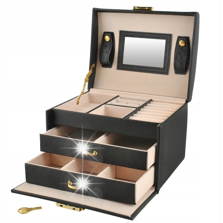 Ékszerrendező bőrönd, Beautylushh, fekete, 20 rekesz, 17,5x13,8x13,5cm, kulccsal