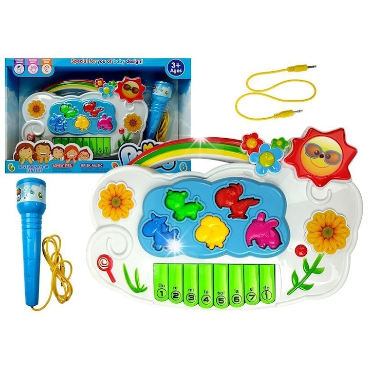 Interaktív zongora mikrofonnal, LEAN Toys, 8 billentyű, 5 állatfigura, 30x21x5,5 cm, 3 év feletti gyermekeknek