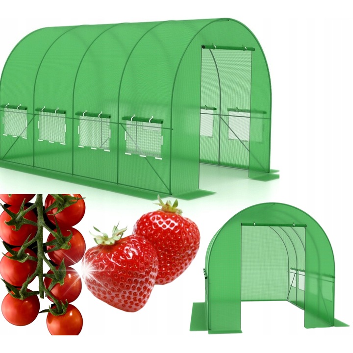 Kerti alagút 4,5x2x2m, zöld, fém szerkezet, strapabíró fólia, 4 szúnyoghálós vasalat