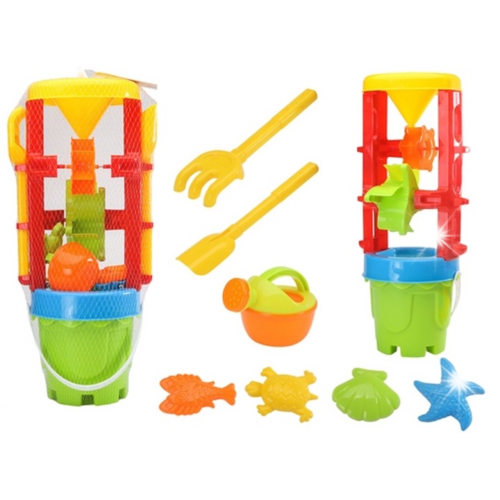 Комплект играчки за плаж, LEAN Toys, голяма мелница, кофа, 4 форми, цветен