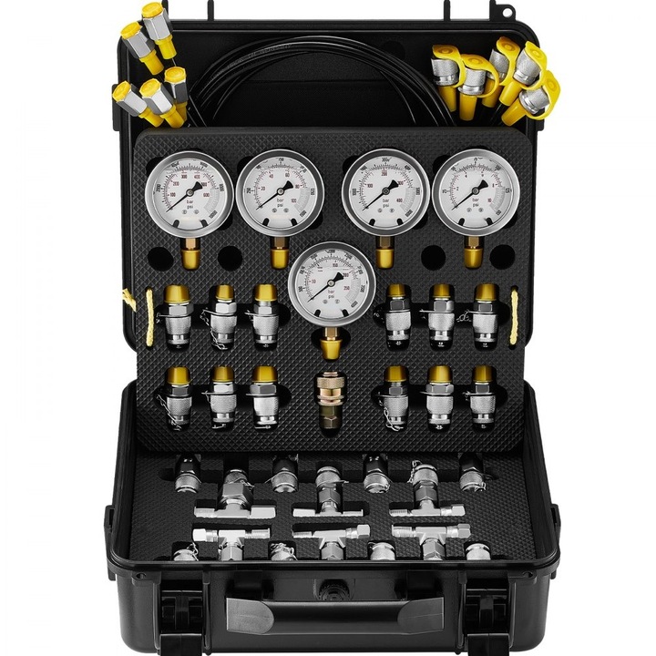 Kit de testare presiune hidraulica, 10/100/250/400/600 bar, 5 manometre, 13 cuplaje, 14 conectori in T, 5 furtunuri de testare, set pentru excavator, carcasa transport