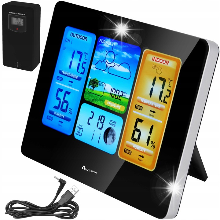 Метеорологична станция Izoxis, с външен сензор, измерване на температура и влажност, 60м, 17,5x17x13см