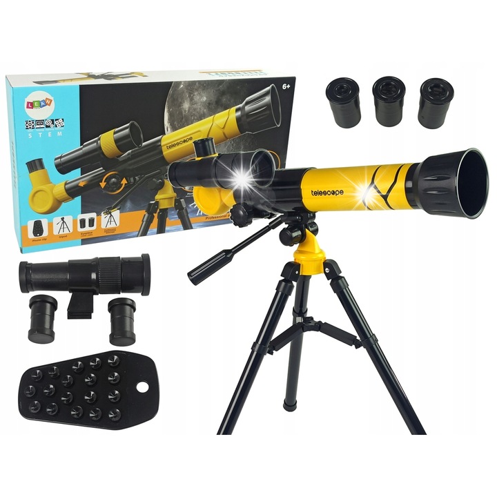 Telescop educational LEAN Toys, 65mm, 540mm, set cu stativ si prizma, galben