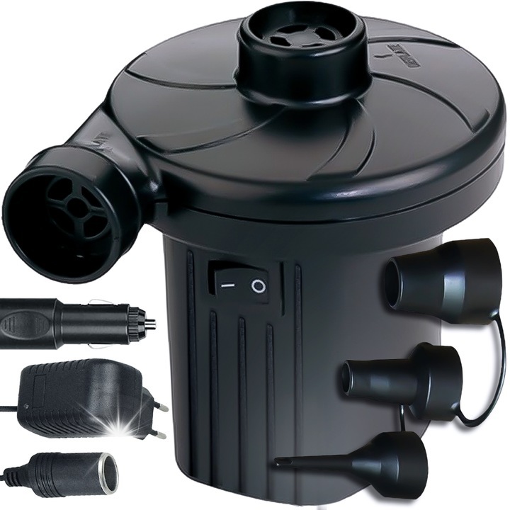 DexXer 12V/230V elektromos pumpa, 2 az 1-ben, 3 fejjel, 60W, 12x12x11cm