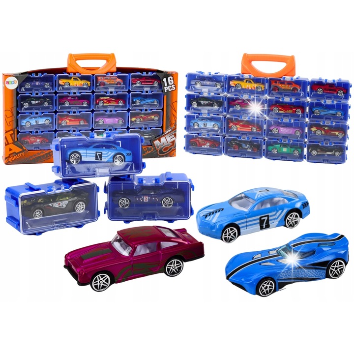 Set masinute metalice LEAN Toys, 16 bucati, cu valiza, 8x3,5cm, 37x23,5x4,5cm