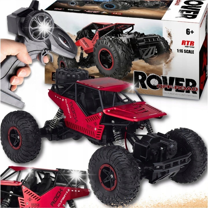 Off-road RC Rock Rover 4x4 autó, piros, 1:16, 2 elektromos motor, 2400mAh akkumulátor, teljes készlet
