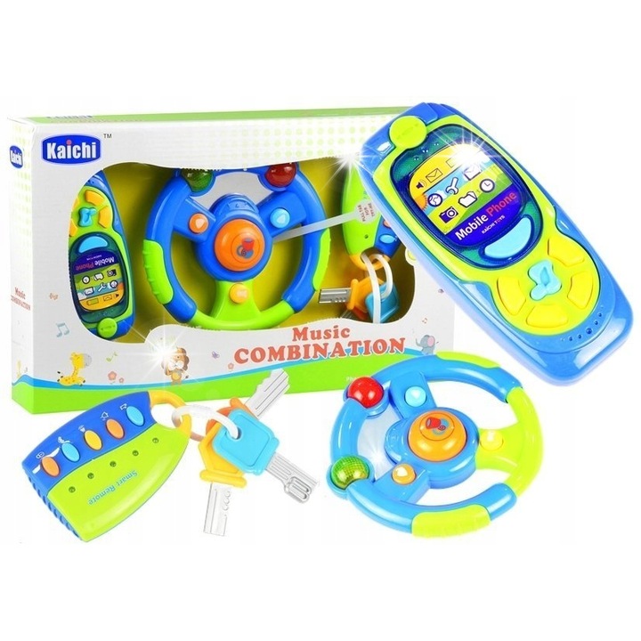 Set Joc Interactiv LEAN Toys, Volan cu Sunete, 4 Butoane, Multicolor, 18x15,5x6cm