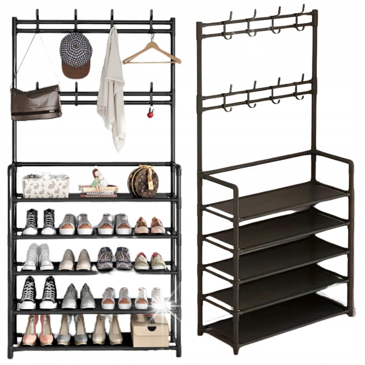 Fém ruhaállvány, 8 kampó, 5 cipőpolc, fekete, 172x80x26cm