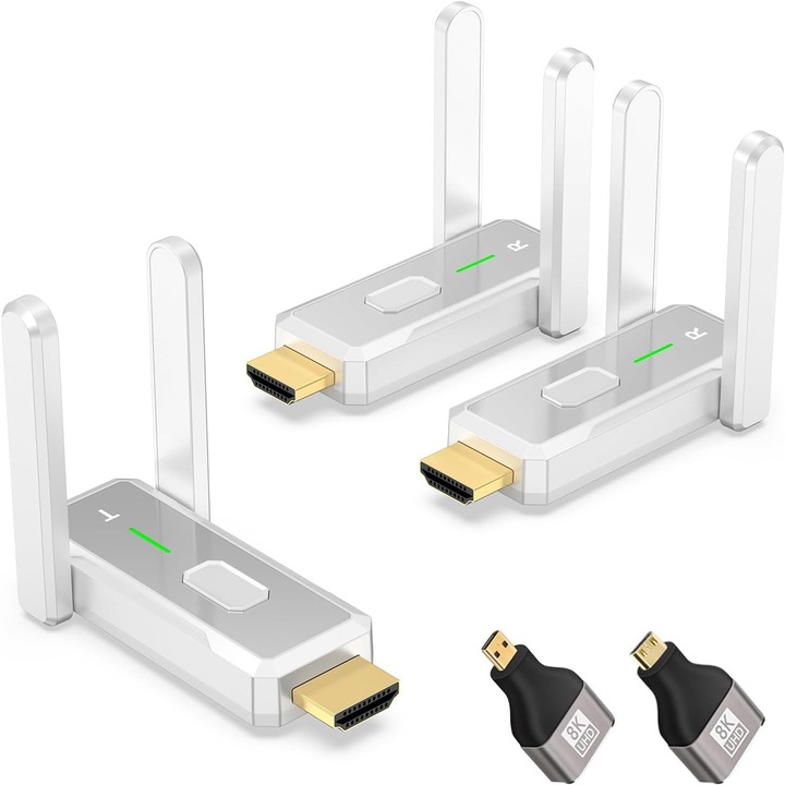 Kit Extensie HDMI Wireless 150m ENZIRO®, Transmitator si 2 Receptoare Full HD 1080p, Plug & Play, Dual Band 2.4G/5G, Alimentare USB 5V, cu 2 Adaptoare, pentru Streaming Audio/Video de la Laptop, Camera Foto, Telefon catre TV, Monitor, Proiector, Alb