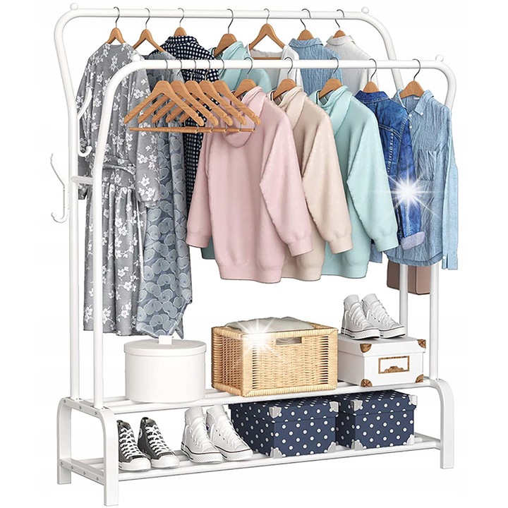 Lary dupla ruhaállvány, fehér, 146x121x33cm, 4 oldalsó akasztóval, cipőtartóval