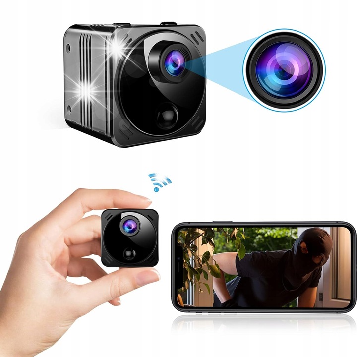 Mini camera spion, R8, 4K, detectie miscare, nocturna, neagra, 41x41x40mm, set complet