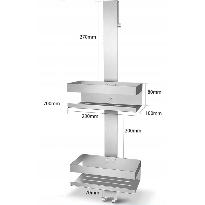 Függő polc, rendszerező, rozsdamentes acél, 66cm, 2 kosár, ezüst
