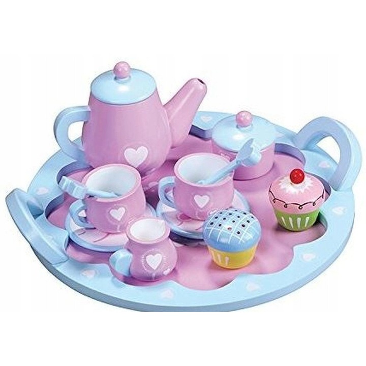 Lelin fa teáskészlet, 12 részes, kellemes színek, tálcával 29x26,5cm