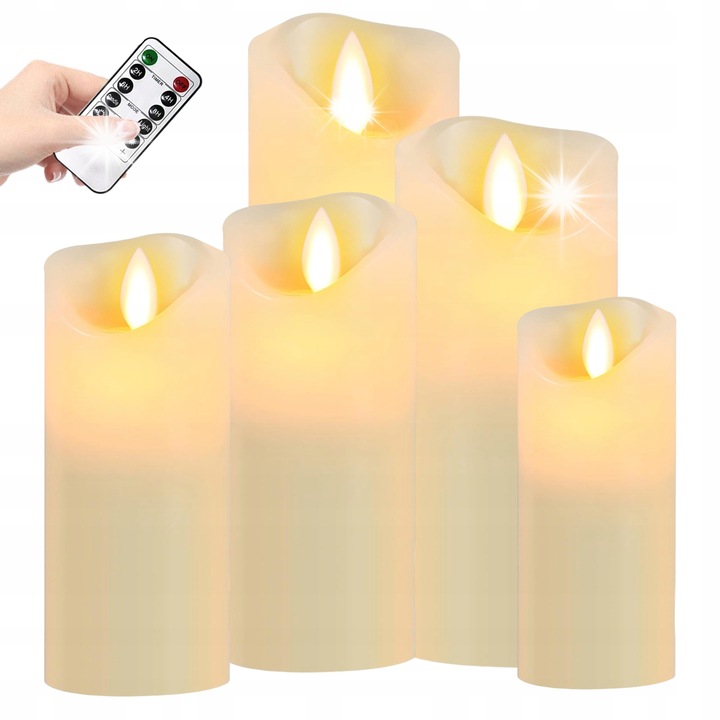 Set 5 lumanari LED cu telecomanda, efect flacara, inaltimi 13-20cm, alb si rosu