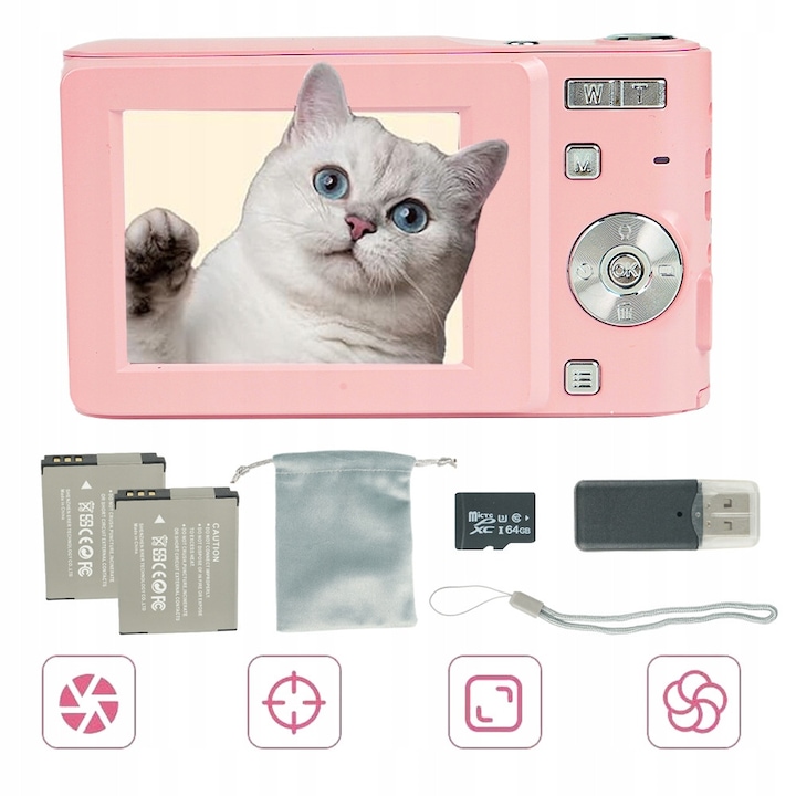 Aparat digital M03, 16x zoom, ecran 2,4", roz, set complet cu card 64G si accesorii
