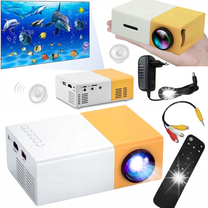 Hordozható videoprojektor, 1920x1080, fehér-sárga, komplett szett távirányítóval és AV kábellel