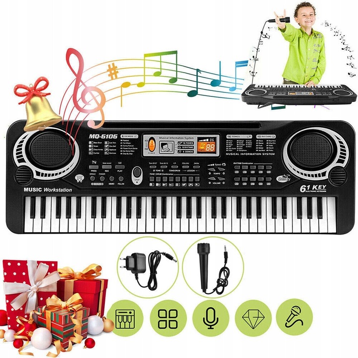 Gyermek billentyűzet 6106, 61 billentyű, fekete, mikrofonnal és tápegységgel