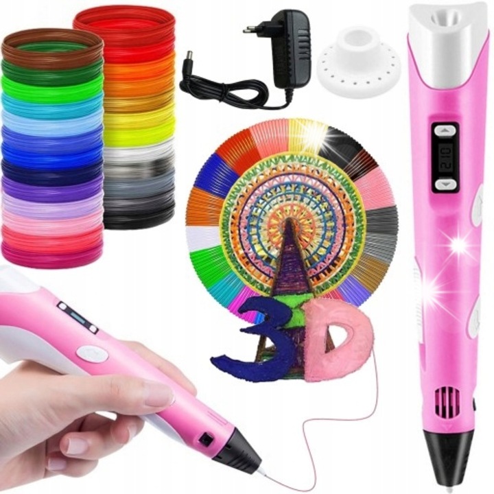 3D писалка Xtech, комплект с 3x3м PLA нишка, смесени цветове, със стойка и LCD дисплей