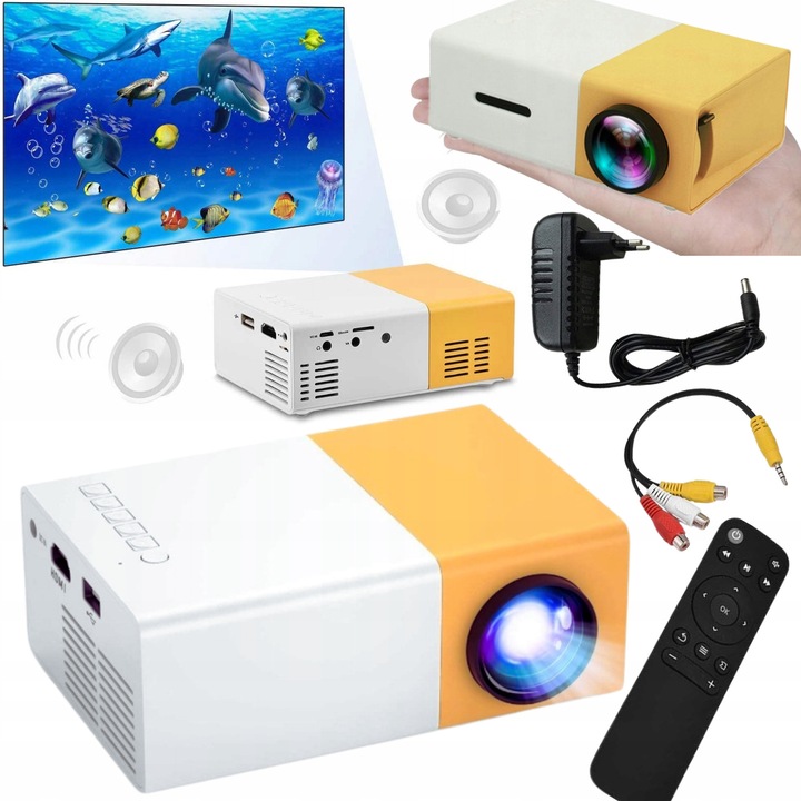 Hordozható videoprojektor, Full HD, fehér-sárga, 12,5x8,5x4,5cm, komplett készlet távirányítóval és AV kábellel