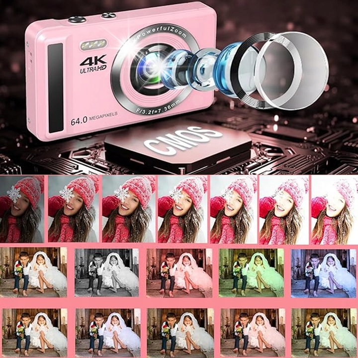 Aparat digital compact, 64 MP, 16x zoom, roz, 2,8 inch, set cu 2 baterii si card 32 GB