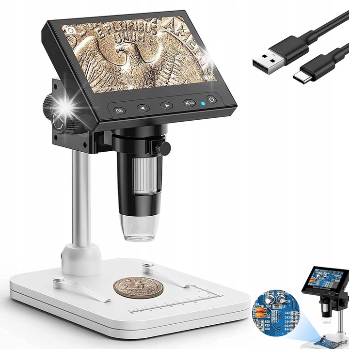 Цифров микроскоп 1000x с 4,3-инчов екран, 8 светодиода, преносим, ​​батерия 2200 mAh