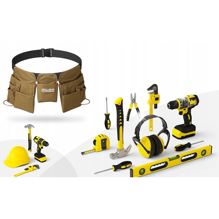 19 zsebes szerszámöv, khaki, 31-50 hüvelyk, mérőszalag-tartóval