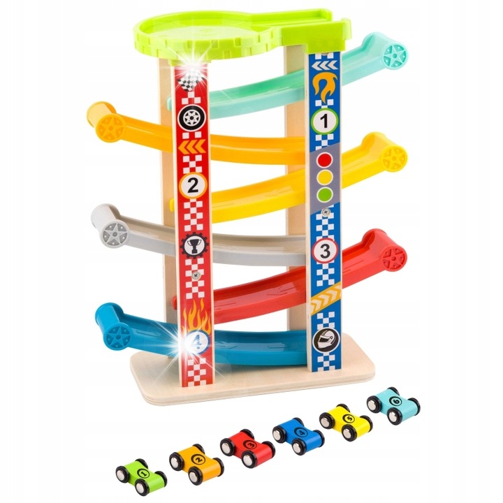 Autópálya, 6 autós készlet, Tooky Toy, fából, többszínű