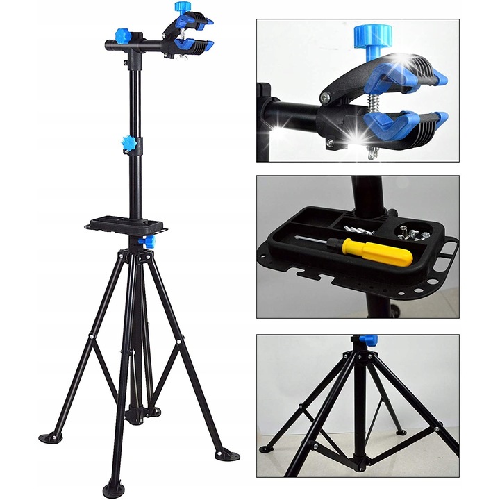 Стойка за съхранение на велосипед Gearox, вертикална, черна, 30 кг, регулируема височина 105-185 см, с държач за инструменти