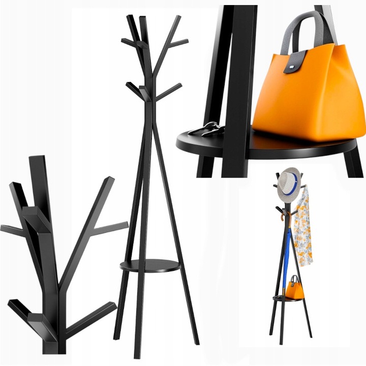 Fém ruhafogas, 9 kampós, loft design, fekete, 179 cm