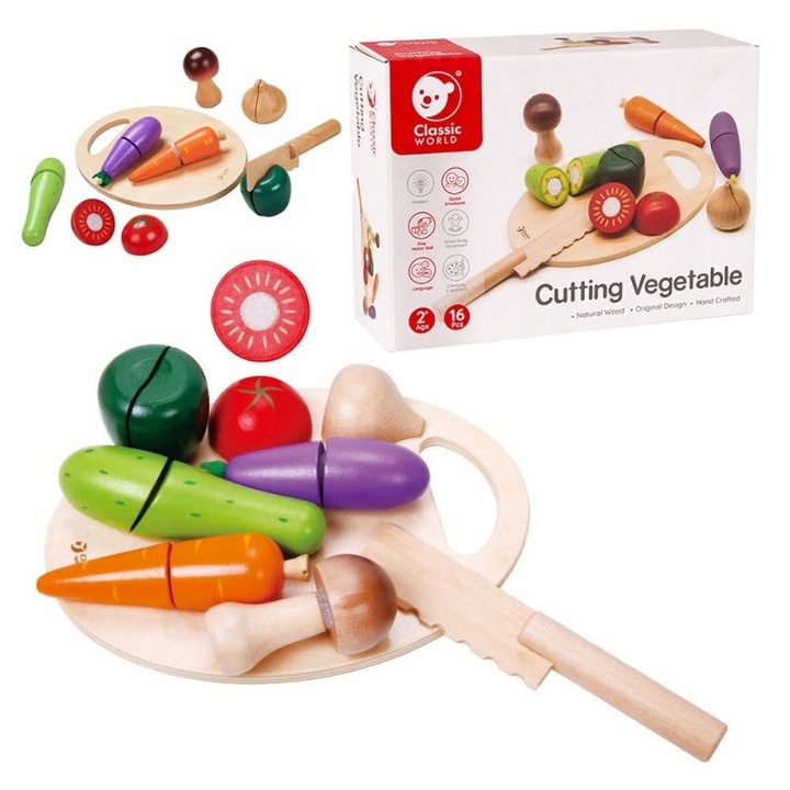 16 részes zöldségvágó készlet, Classic World, fából, többszínű, gyerekeknek