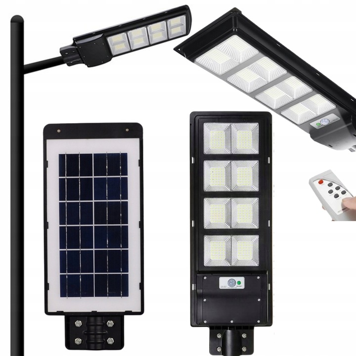 LED соларна лампа 360W със сензор за движение, черна, размери 72x26,6x11см, пълен комплект с монтажна скоба и дистанционно